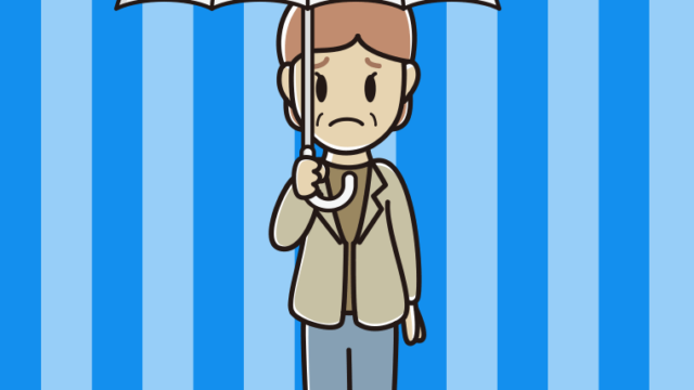 傘をさして困る年配女性会社員（カジュアル）のイラスト【色、背景あり】PNG