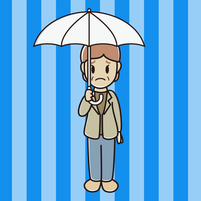 傘をさして困る年配女性会社員（カジュアル）のイラスト【色、背景あり】PNG