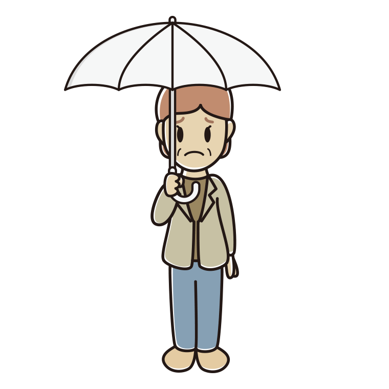 傘をさして困る年配女性会社員（カジュアル）のイラスト【色あり、背景なし】透過PNG