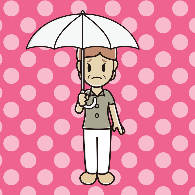 傘をさして困る年配女性会社員（クールビズ）のイラスト【色、背景あり】PNG