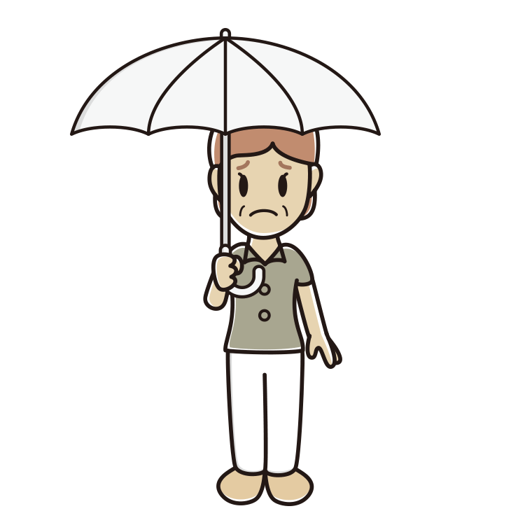 傘をさして困る年配女性会社員（クールビズ）のイラスト【色あり、背景なし】透過PNG