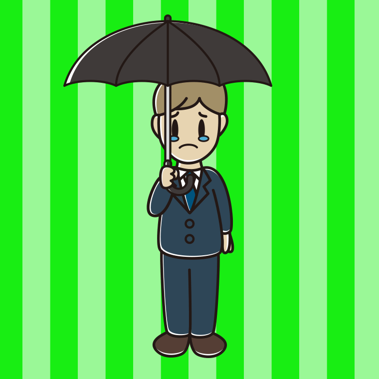傘をさして泣く男性会社員のイラスト【色、背景あり】PNG