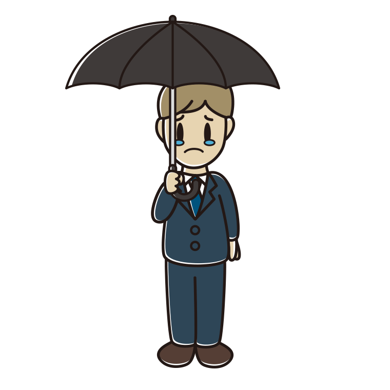 傘をさして泣く男性会社員のイラスト【色あり、背景なし】透過PNG