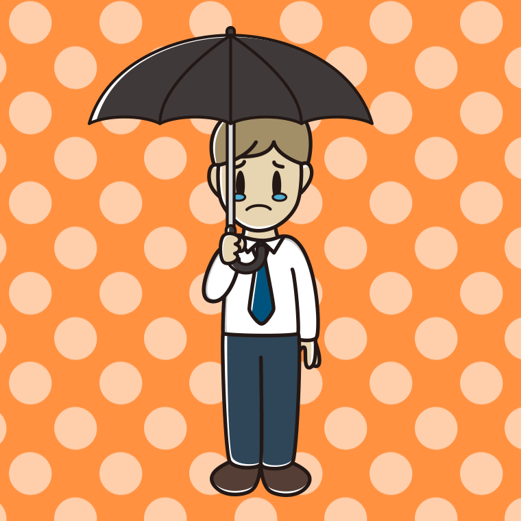 傘をさして泣く男性会社員（ワイシャツ）のイラスト【色、背景あり】PNG