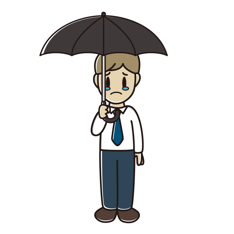 傘をさして泣く男性会社員（ワイシャツ）のイラスト【色あり、背景なし】透過PNG