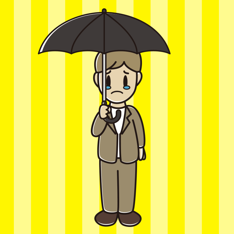 傘をさして泣く男性会社員（カジュアル）のイラスト【色、背景あり】PNG