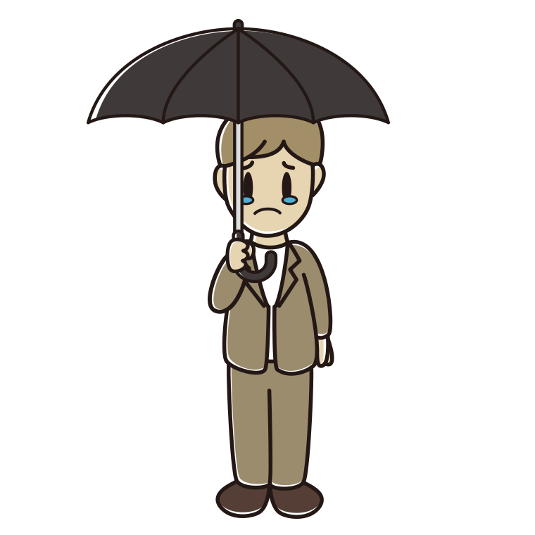 傘をさして泣く男性会社員（カジュアル）のイラスト【色あり、背景なし】透過PNG