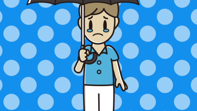 傘をさして泣く男性会社員（クールビズ）のイラスト【色、背景あり】PNG