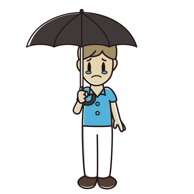 傘をさして泣く男性会社員（クールビズ）のイラスト【色あり、背景なし】透過PNG