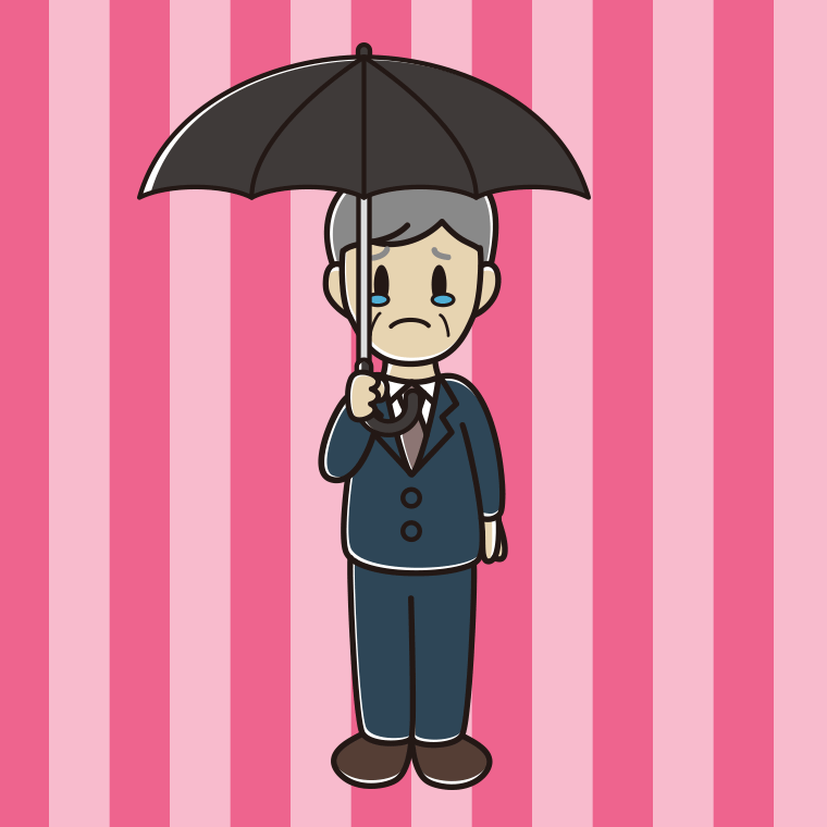 傘をさして泣く年配男性会社員のイラスト【色、背景あり】PNG