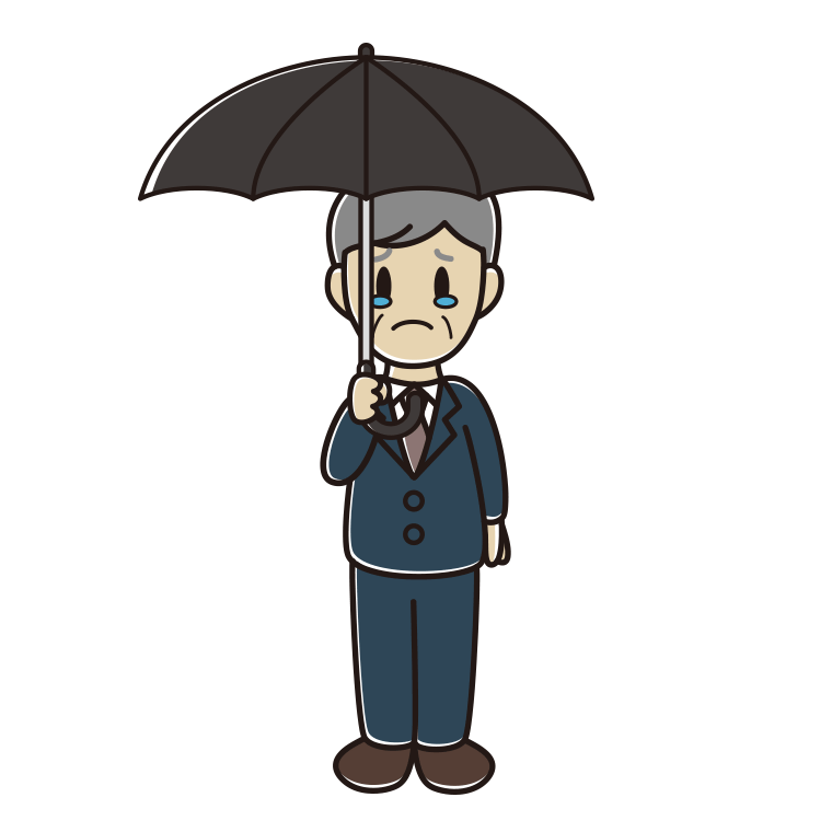 傘をさして泣く年配男性会社員のイラスト【色あり、背景なし】透過PNG
