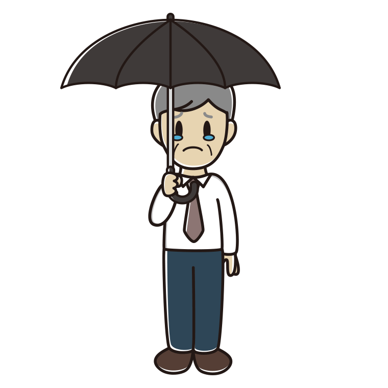 傘をさして泣く年配男性会社員（ワイシャツ）のイラスト【色あり、背景なし】透過PNG