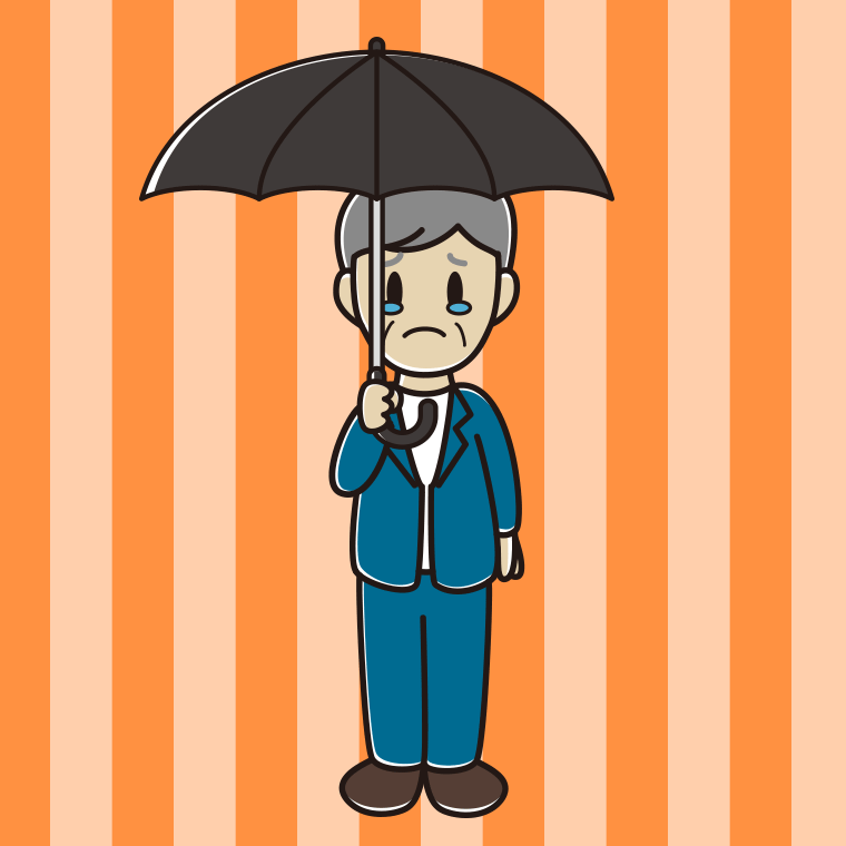 傘をさして泣く年配男性会社員（カジュアル）のイラスト【色、背景あり】PNG