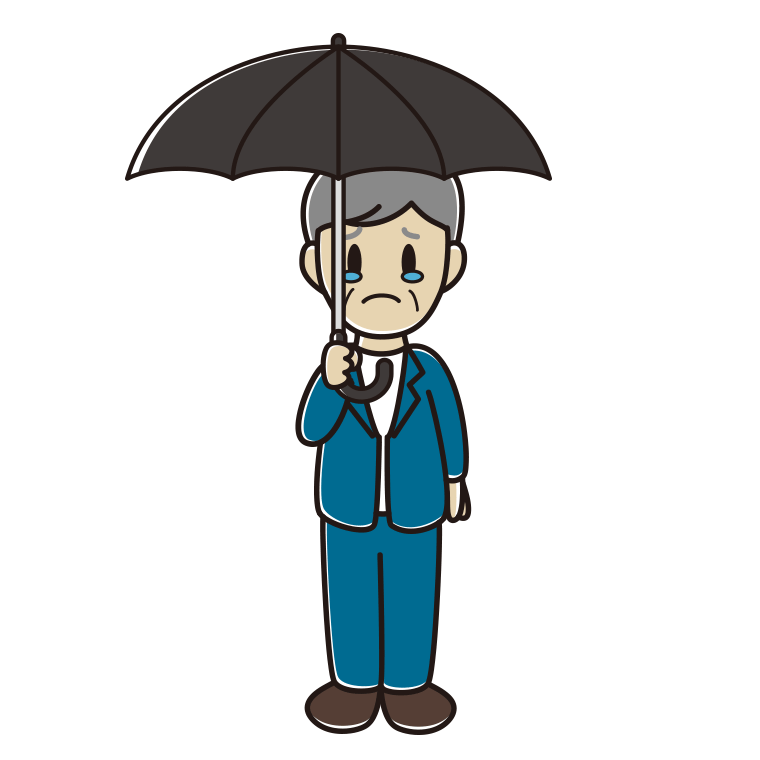 傘をさして泣く年配男性会社員（カジュアル）のイラスト【色あり、背景なし】透過PNG