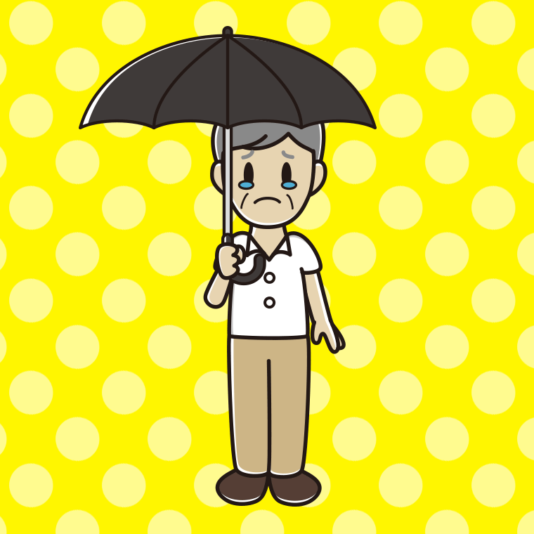 傘をさして泣く年配男性会社員（クールビズ）のイラスト【色、背景あり】PNG