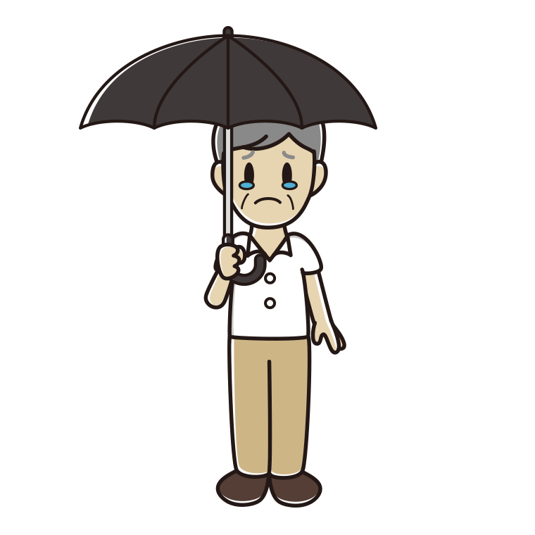 傘をさして泣く年配男性会社員（クールビズ）のイラスト【色あり、背景なし】透過PNG