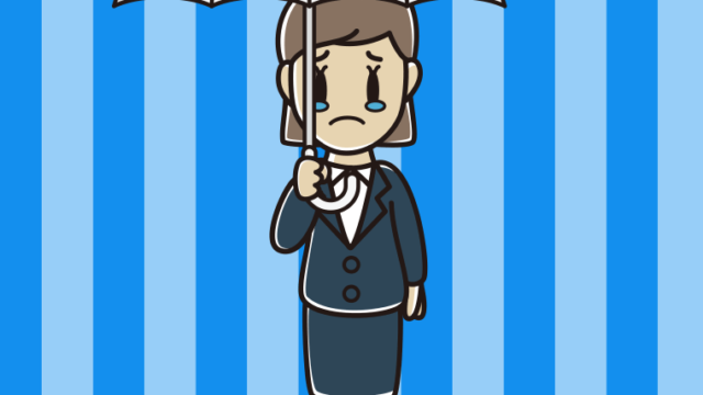 傘をさして泣く女性会社員のイラスト【色、背景あり】PNG