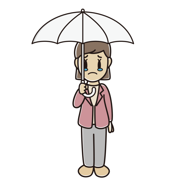 傘をさして泣く女性会社員（カジュアル）のイラスト【色あり、背景なし】透過PNG