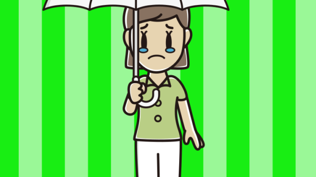 傘をさして泣く女性会社員（クールビズ）のイラスト【色、背景あり】PNG