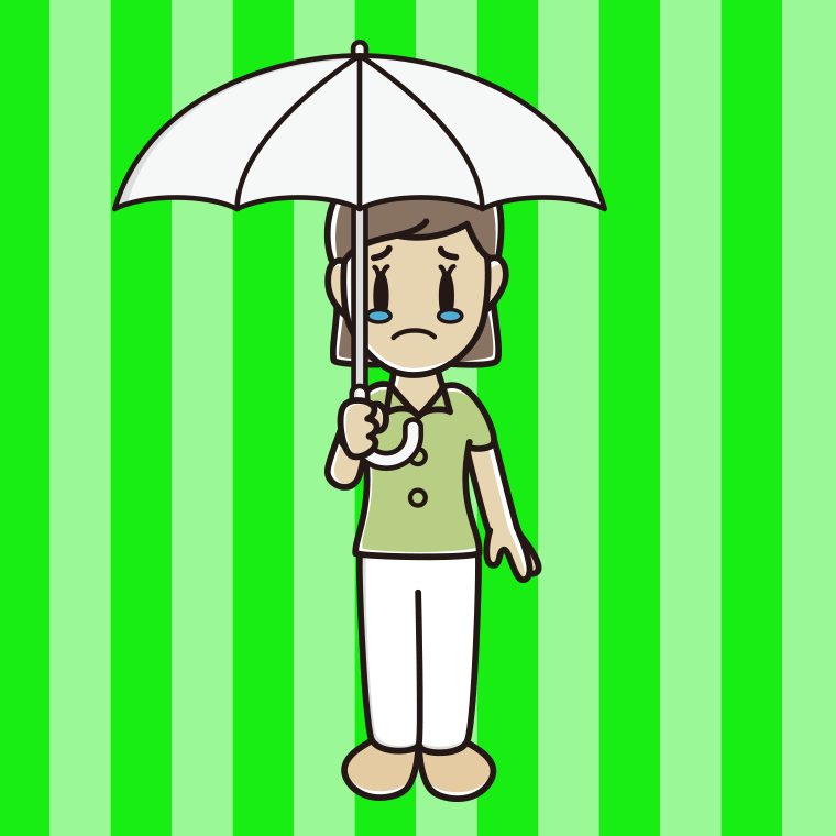 傘をさして泣く女性会社員（クールビズ）のイラスト【色、背景あり】PNG