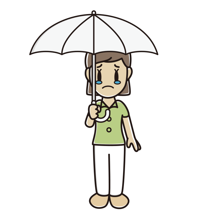 傘をさして泣く女性会社員（クールビズ）のイラスト【色あり、背景なし】透過PNG