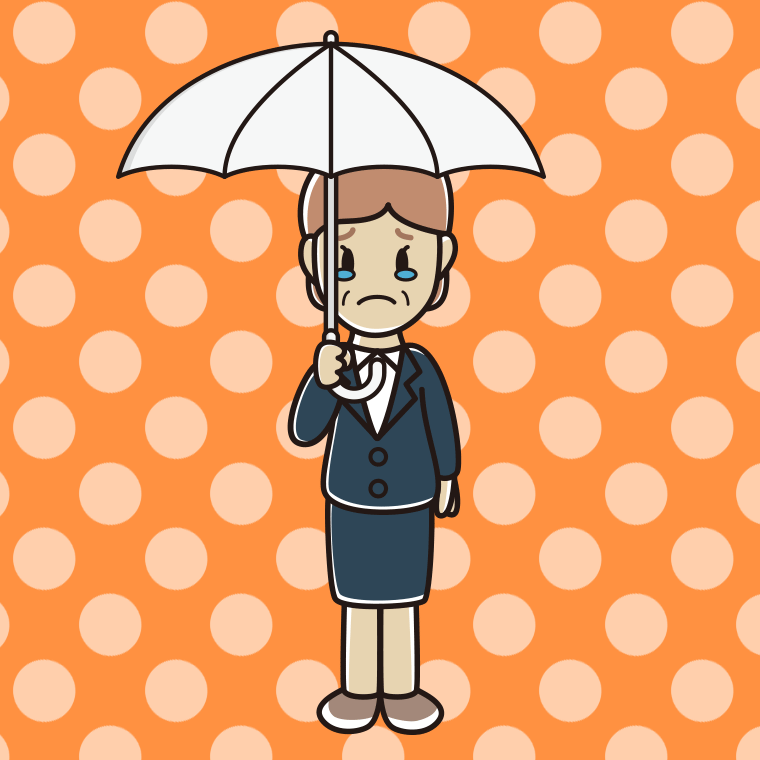 傘をさして泣く年配女性会社員のイラスト【色、背景あり】PNG