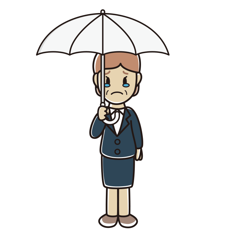 傘をさして泣く年配女性会社員のイラスト【色あり、背景なし】透過PNG