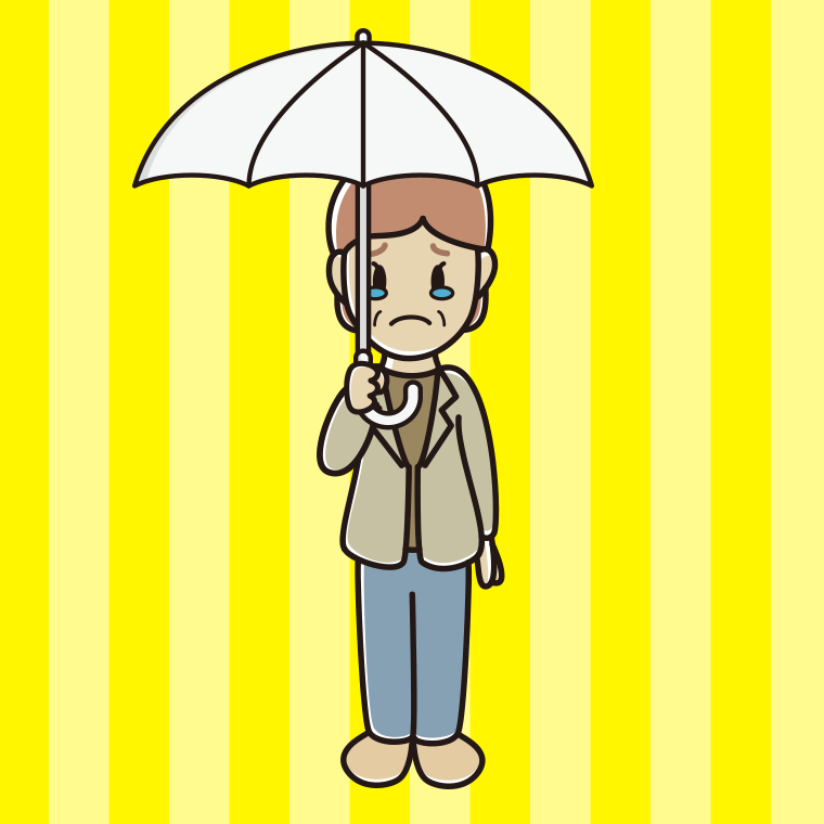 傘をさして泣く年配女性会社員（カジュアル）のイラスト【色、背景あり】PNG