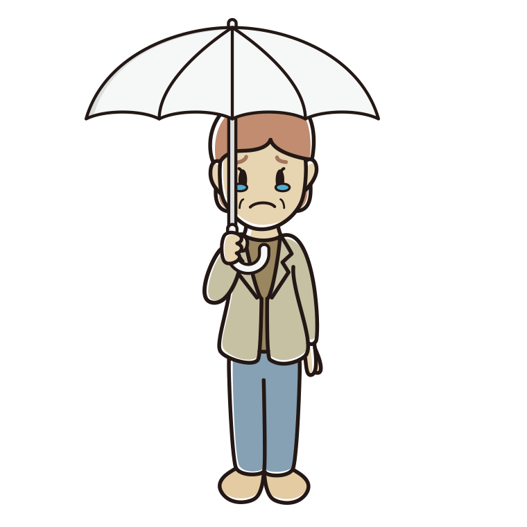 傘をさして泣く年配女性会社員（カジュアル）のイラスト【色あり、背景なし】透過PNG
