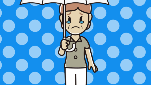 傘をさして泣く年配女性会社員（クールビズ）のイラスト【色、背景あり】PNG