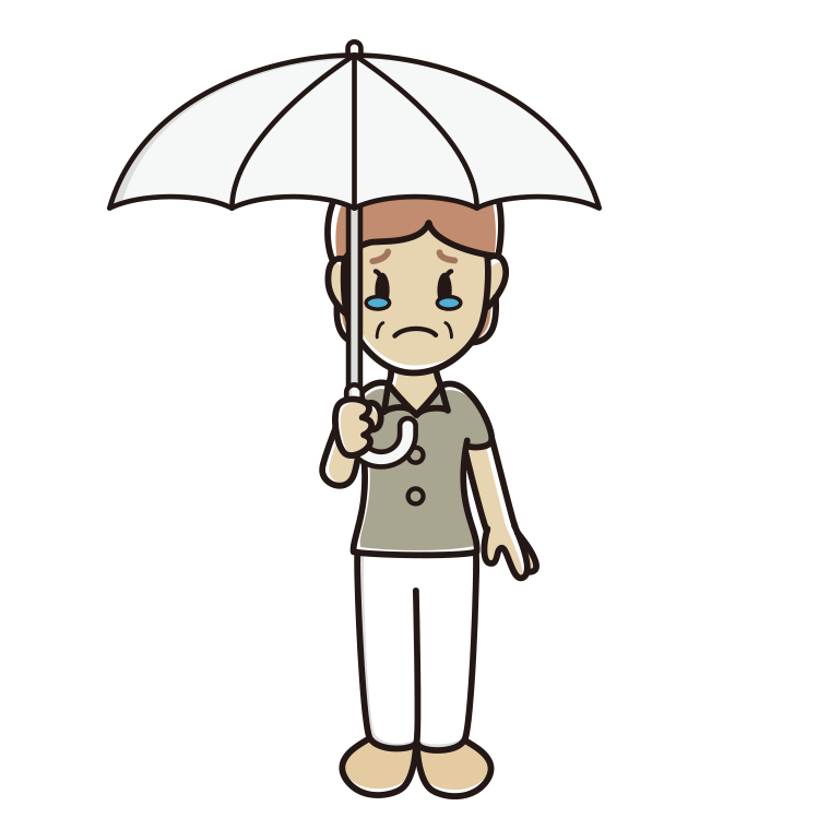 傘をさして泣く年配女性会社員（クールビズ）のイラスト【色あり、背景なし】透過PNG