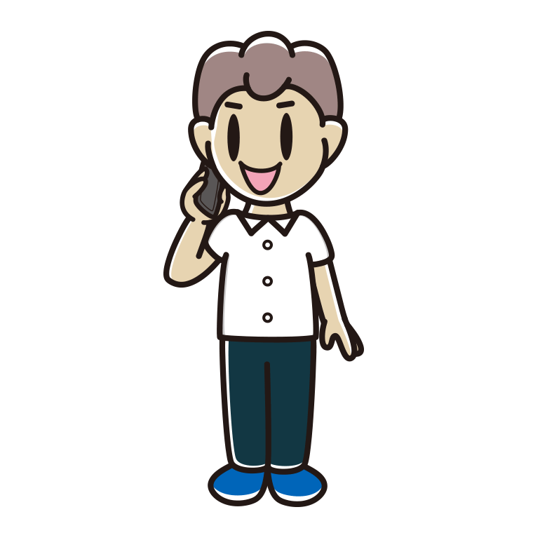 スマホで電話する男子中学生（夏服）のイラスト【色あり、背景なし】透過PNG