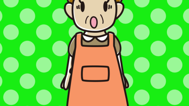 驚くエプロン姿のおばさんのイラスト【色、背景あり】PNG