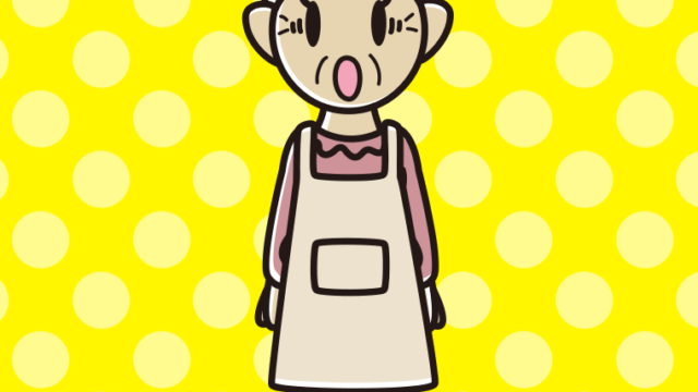 驚くエプロン姿のおばあさんのイラスト【色、背景あり】PNG