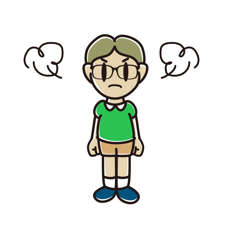 怒る眼鏡の小学生男子のイラスト【色あり、背景なし】透過PNG