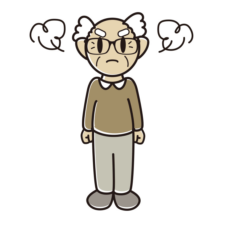 怒る眼鏡のおじいさんのイラスト【色あり、背景なし】透過PNG