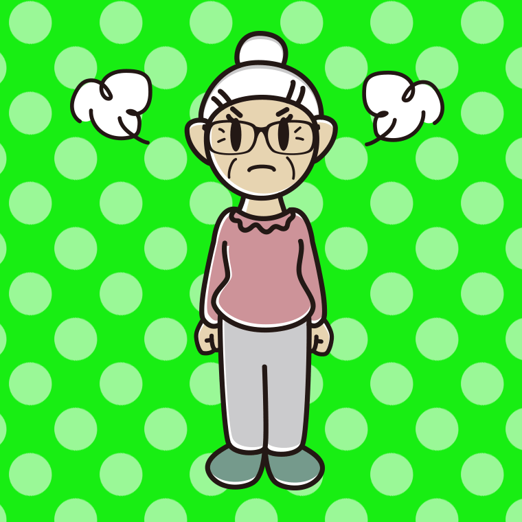 怒る眼鏡のおばあさんのイラスト【色、背景あり】PNG