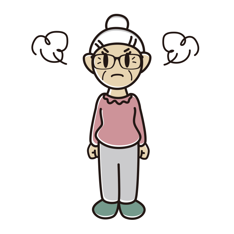怒る眼鏡のおばあさんのイラスト【色あり、背景なし】透過PNG
