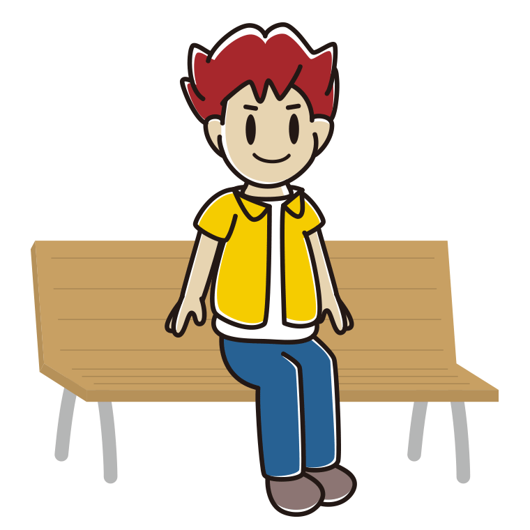ベンチに座る男子大学生のイラスト【色あり、背景なし】透過PNG