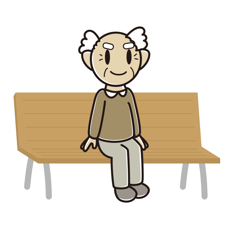 ベンチに座るおじいさんのイラスト【色あり、背景なし】透過PNG