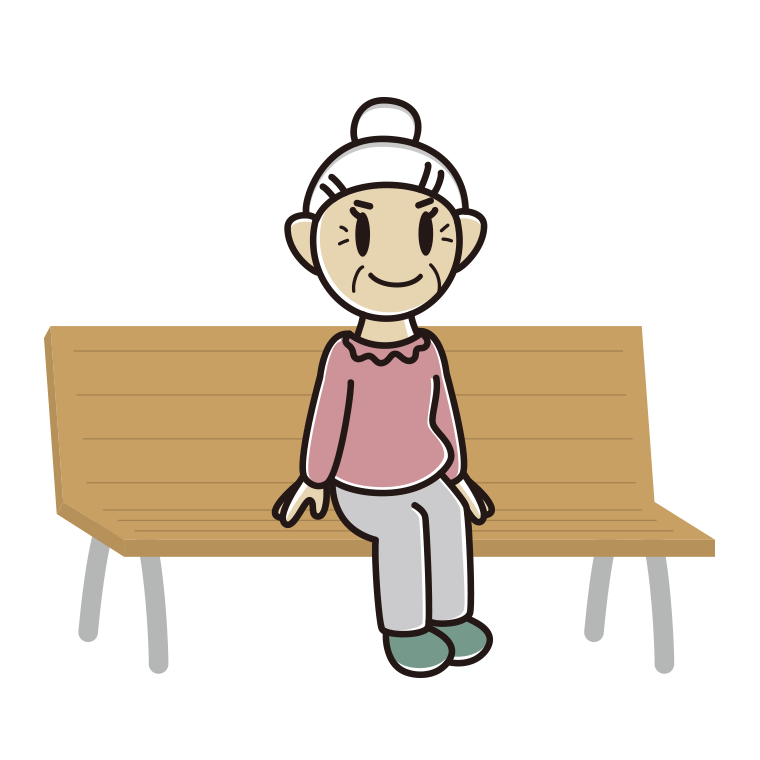 ベンチに座るおばあさんのイラスト【色あり、背景なし】透過PNG