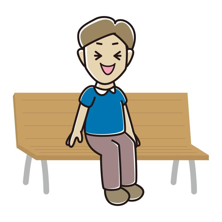 ベンチで笑う男性のイラスト【色あり、背景なし】透過PNG