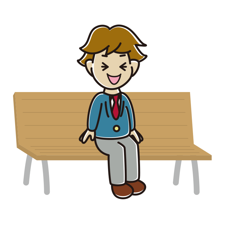 ベンチで笑う男子高校生のイラスト【色あり、背景なし】透過PNG