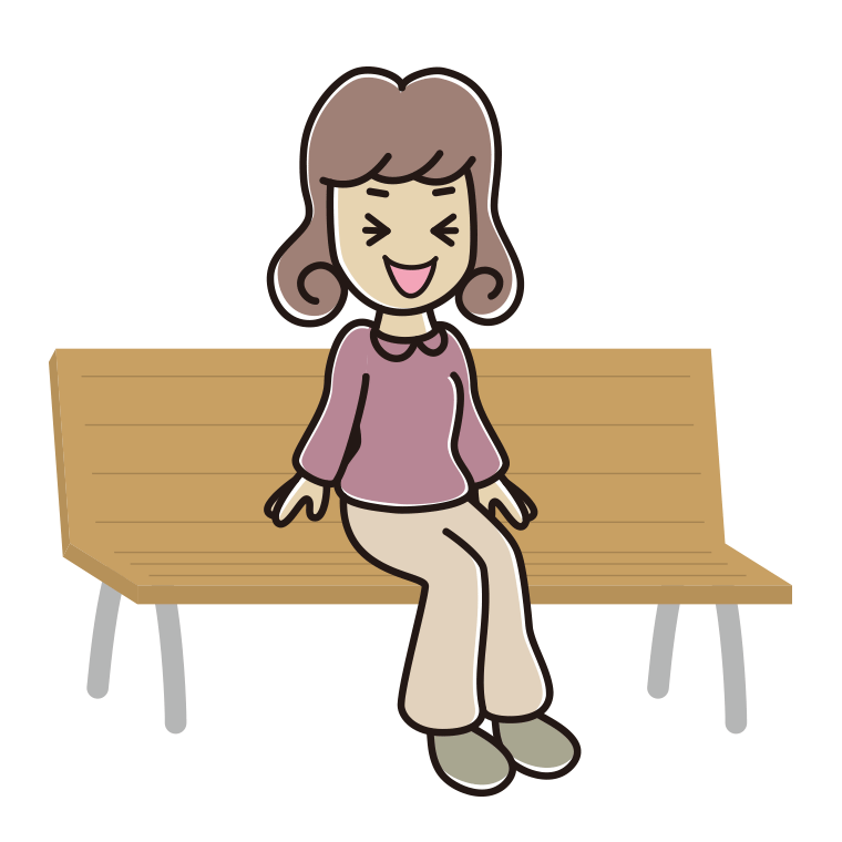 ベンチで笑う女子大学生のイラスト【色あり、背景なし】透過PNG