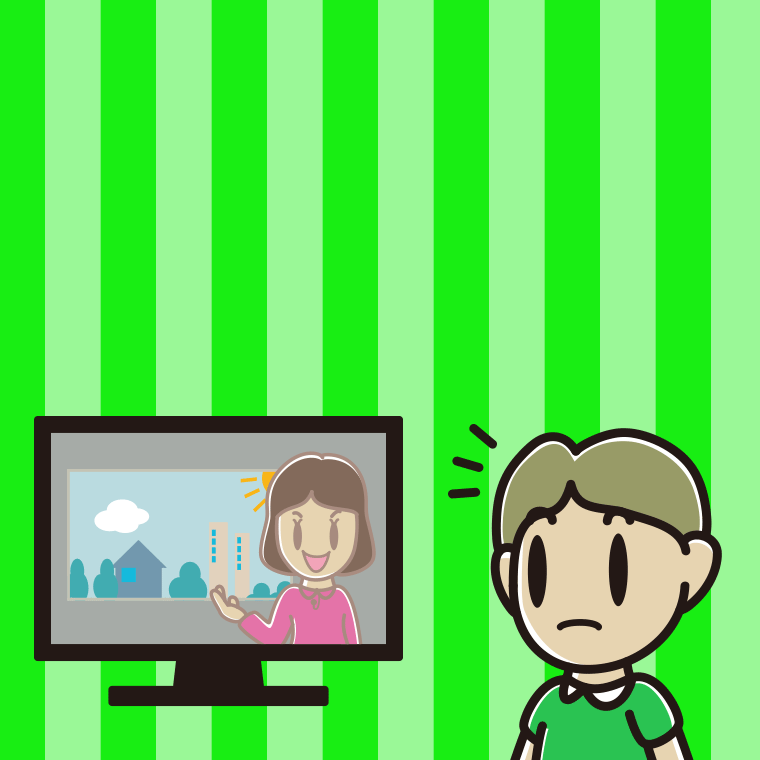 テレビを見て気付く小学生男子のイラスト【色、背景あり】PNG