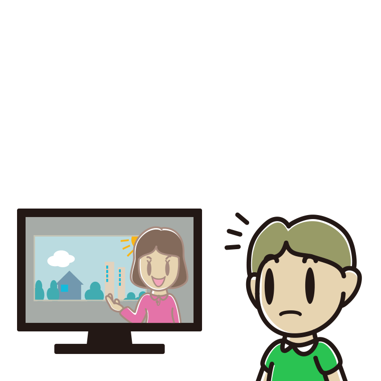 テレビを見て気付く小学生男子のイラスト【色あり、背景なし】透過PNG
