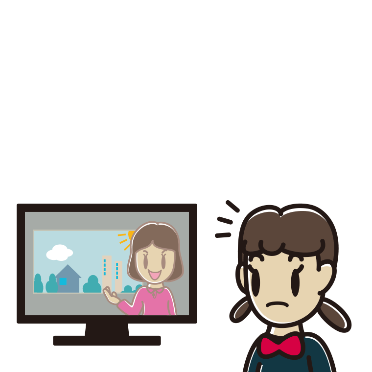 テレビを見て気付く女子中学生のイラスト【色あり、背景なし】透過PNG