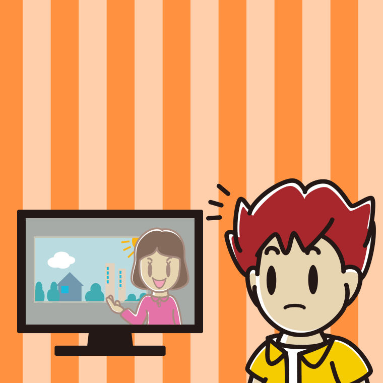 テレビを見て気付く男子大学生のイラスト【色、背景あり】PNG