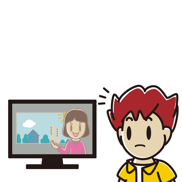 テレビを見て気付く男子大学生のイラスト【色あり、背景なし】透過PNG