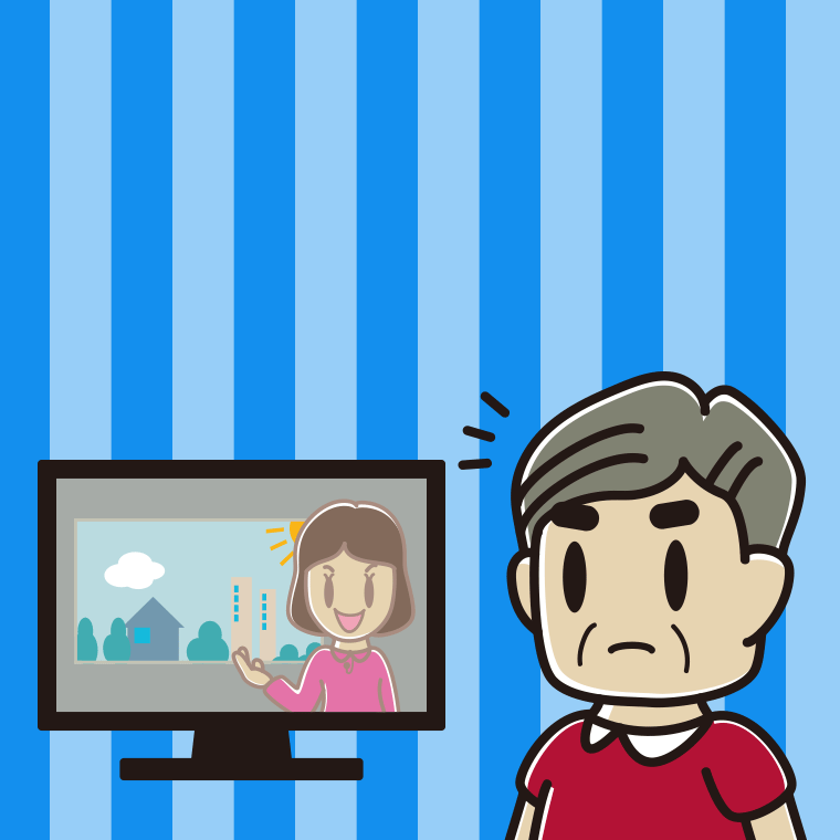 テレビを見て気付くおじさんのイラスト【色、背景あり】PNG